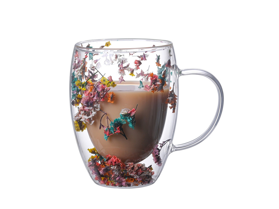 Unidade, Xícara De Café Vidro Com Flor No Interior, Espresso Parede Dupla 350ml, Térmica Areia Movediça, Presente Aniversário Aquaforge