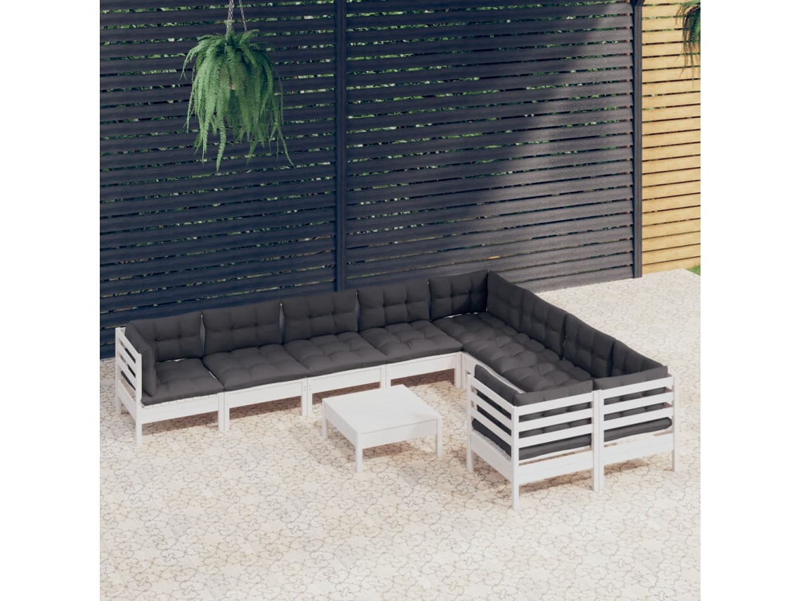 Vidaxl 10 Pcs Conjunto Lounge De Jardim C/ Almofadões Pinho Branco