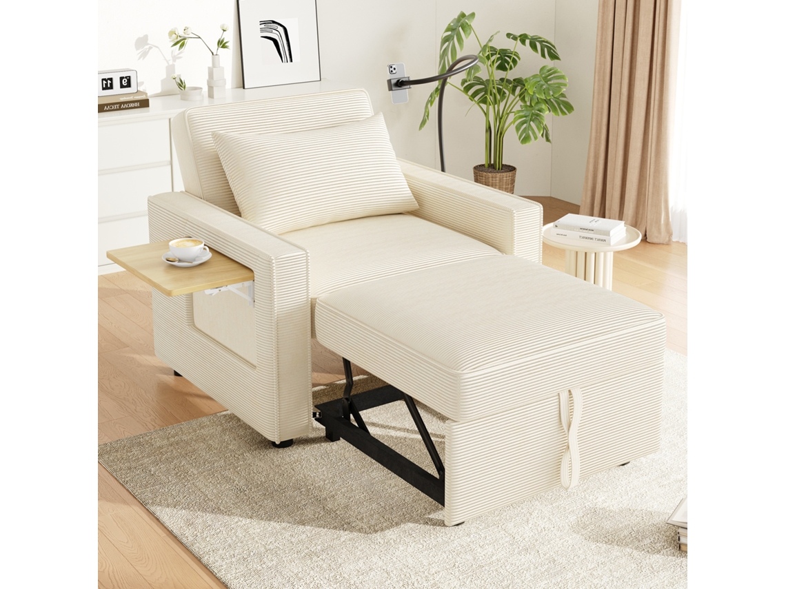 Sofá-cama Multifuncional De 1 Lugar - Com Porta Usb, Suporte Para Telemóvel, Tecido De Veludo Cotelê, Bege