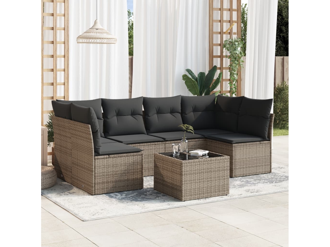 Vidaxl 7 Pcs Conjunto Sofás P/ Jardim C/ Almofadões Vime Pe Cinzento