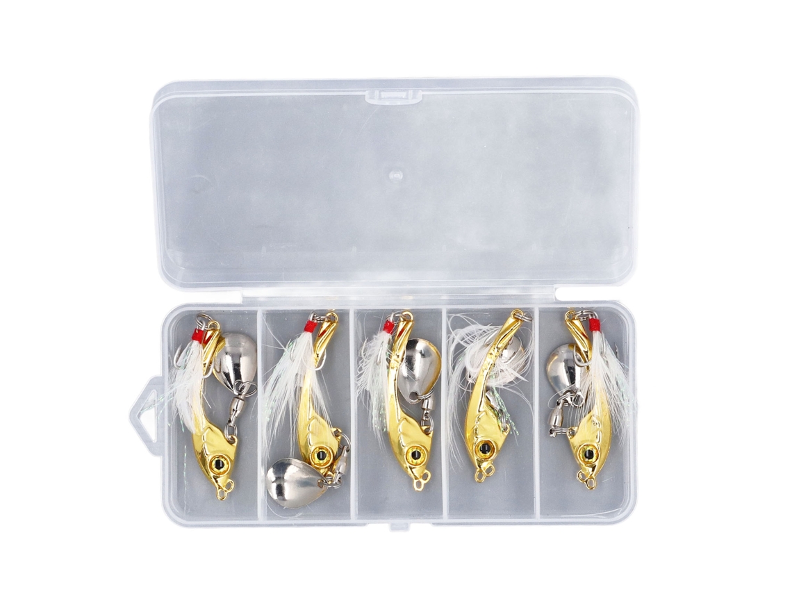 Lure (spinner Bait With Feather) 5pcs Metal Vib Artificial Bait Fishing Lure Kit With Tackle Box Gold 7g