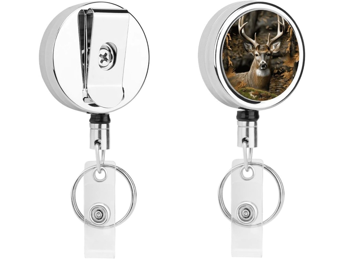 Porta Crachá Camuflado Com Estampa De Veado, Em Metal, Retrátil, Portátil, Com Clipe Em Nylon, Cordão De Aço Inoxidável