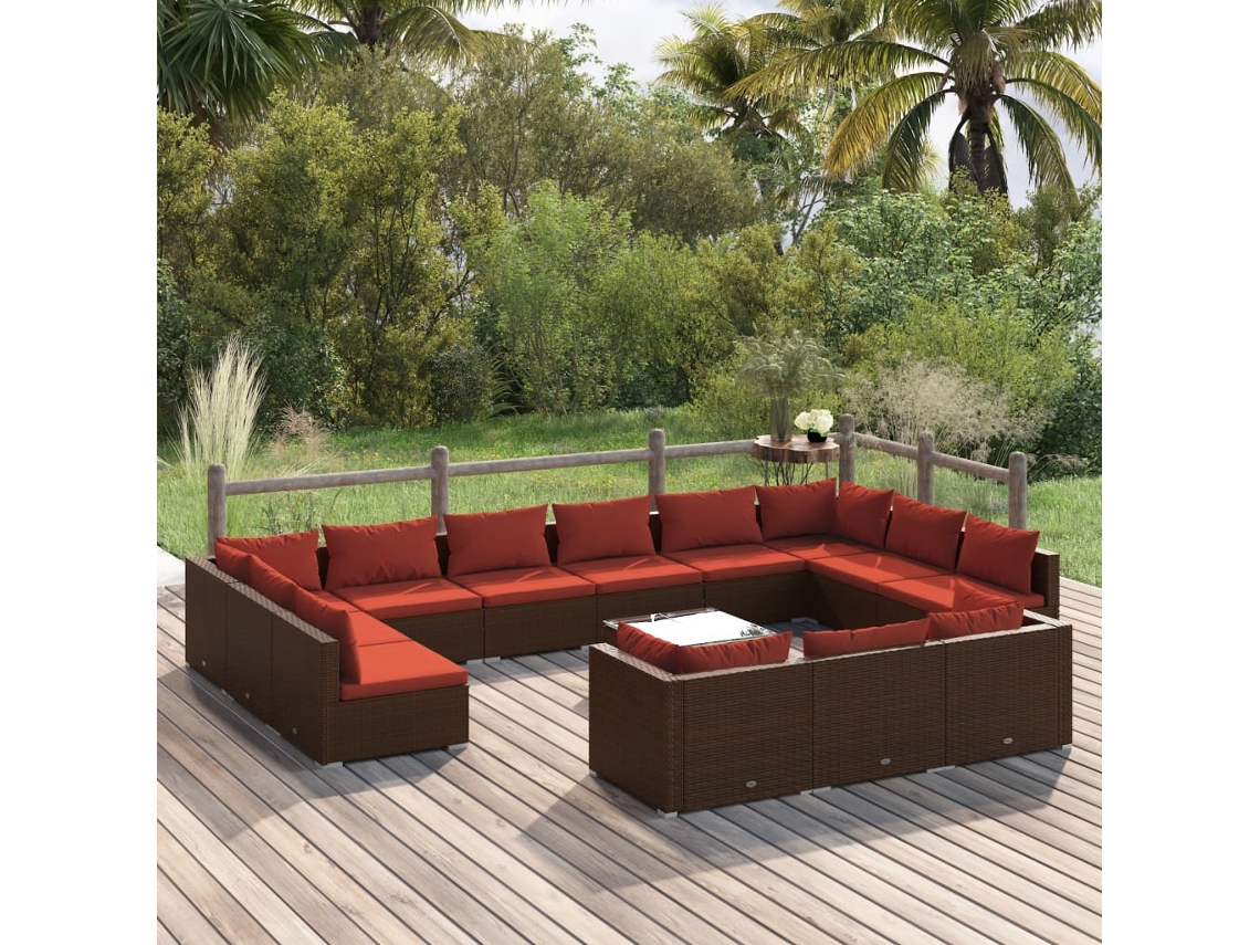 Vidaxl 14 Pcs Conjunto Lounge Jardim C/ Almofadões Vime Pe Castanho