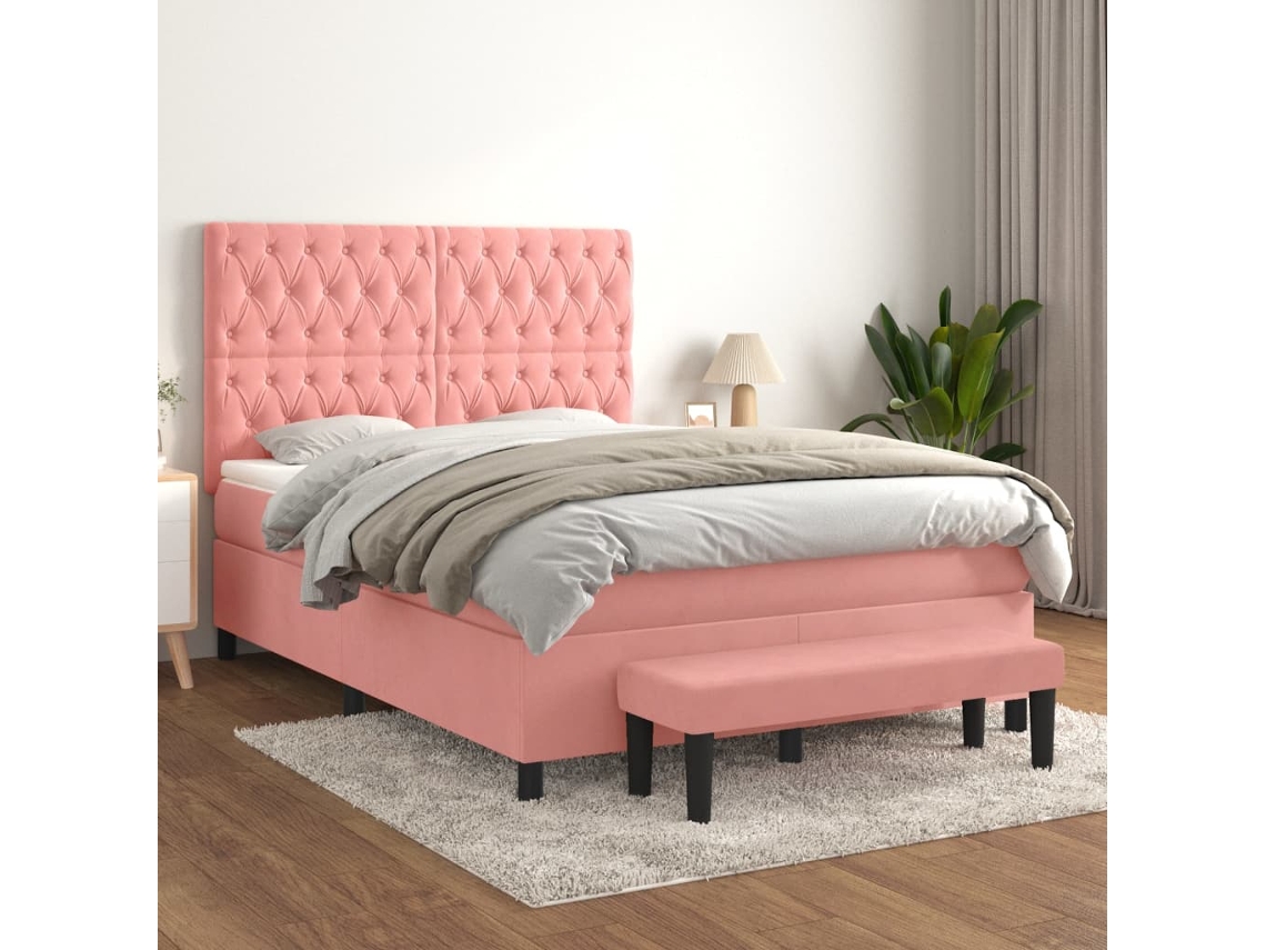 Vidaxl Cama Com Molas/colchão 140x200 Cm Veludo Rosa