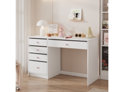 Escrivaninha Infantil 120×45×74 Cm Branca Com 5 Gavetas, Puxadores Rosa, Mesa Atemporal Para Estudo Ou Penteadeira