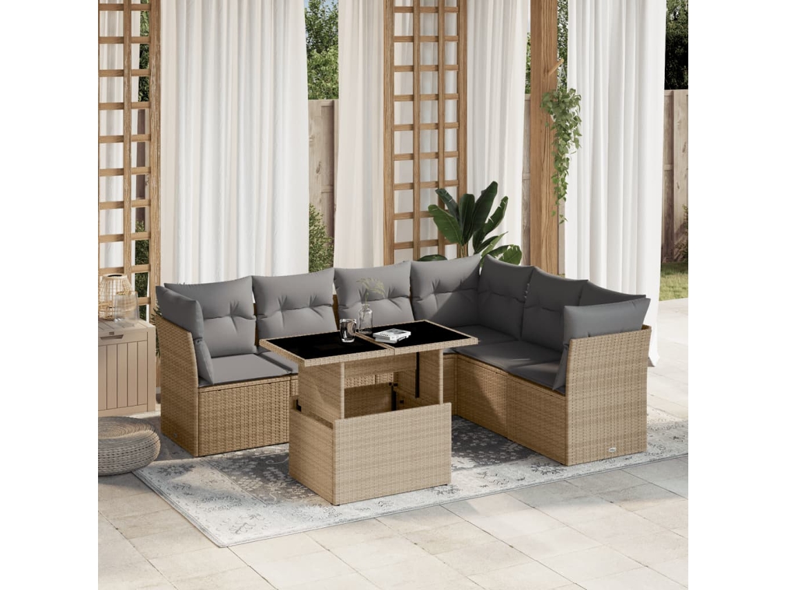 Vidaxl 7 Pcs Conjunto De Sofás P/ Jardim Com Almofadões Vime Pe Bege