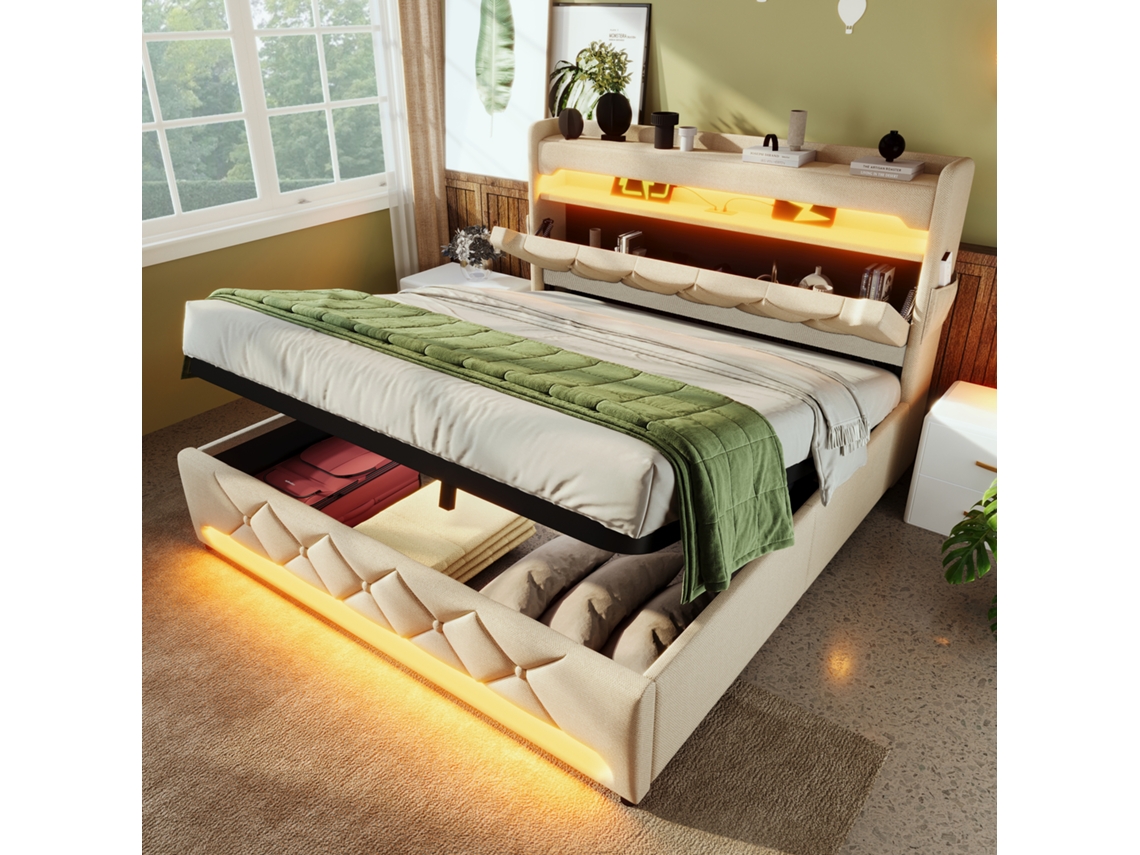 Cama Com Baú Acolchoada 160 X 200 Cm Com Led E Portas Usb Tecido De Linho Cabeceira Com Espaço De Arrumação Bege Estilo