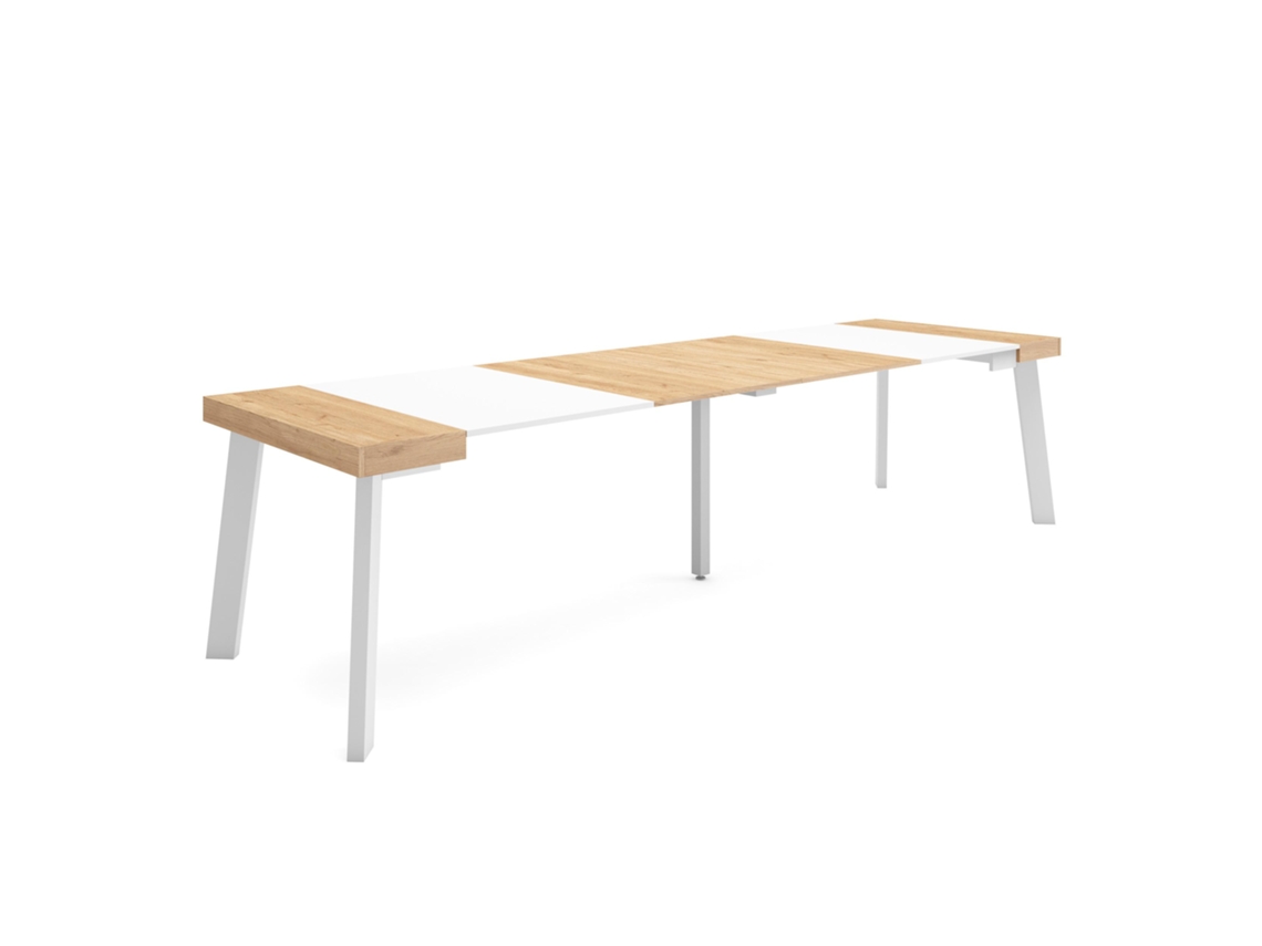 Mesa Consola Extensível, 302x90x73cm, Para 14 Pessoas, Pés De Madeira, Carvalho E Branco