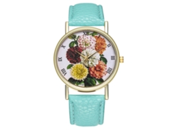Relógio de Pulso Feminino Analógico de Quartzo com Pulseira Pu Flowers Pattern (mint)