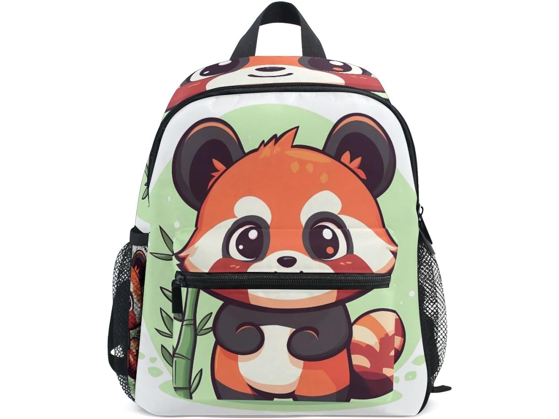 Mochila Escolar Pequena, Infantil Estampa De Panda Vermelho Com Plantas Casual Para Meninos E