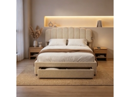 Cama de Casal 160x200 com 1 Gaveta e Porta Usb, Cama Acolchoada com Cabeceira, Estrutura Metálica e Baú, Veludo Teddy, Sem Colchão
