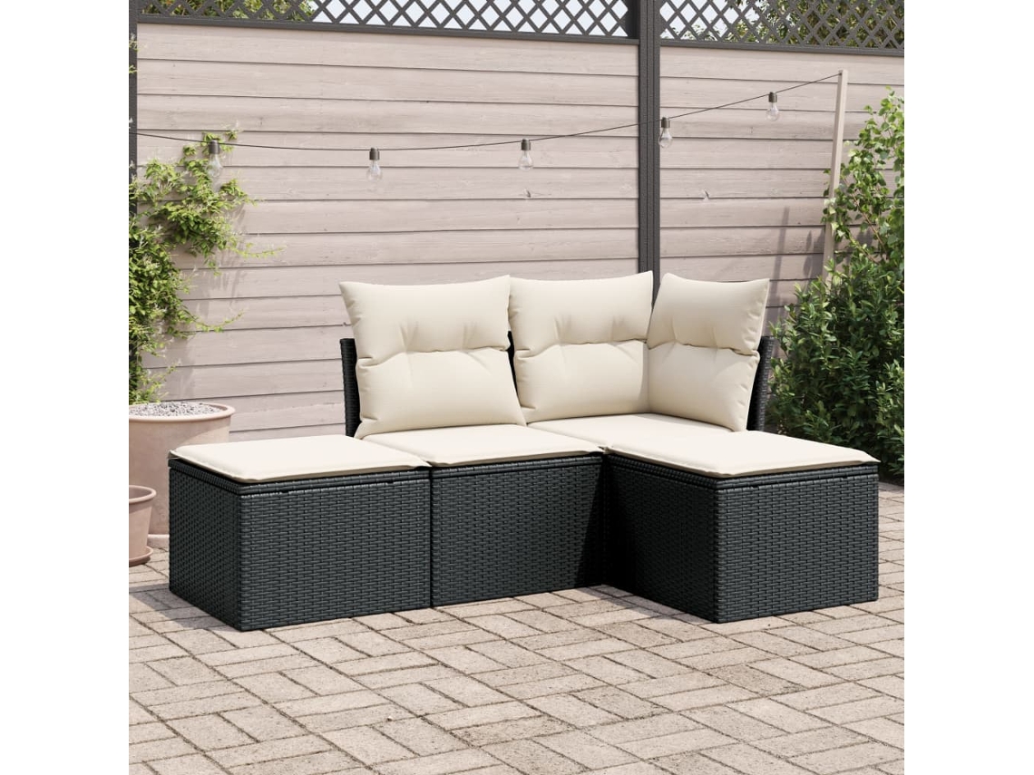 Conjunto de sofá de jardim de 4 peças com almofadas Vime Pe preto Lovely Home