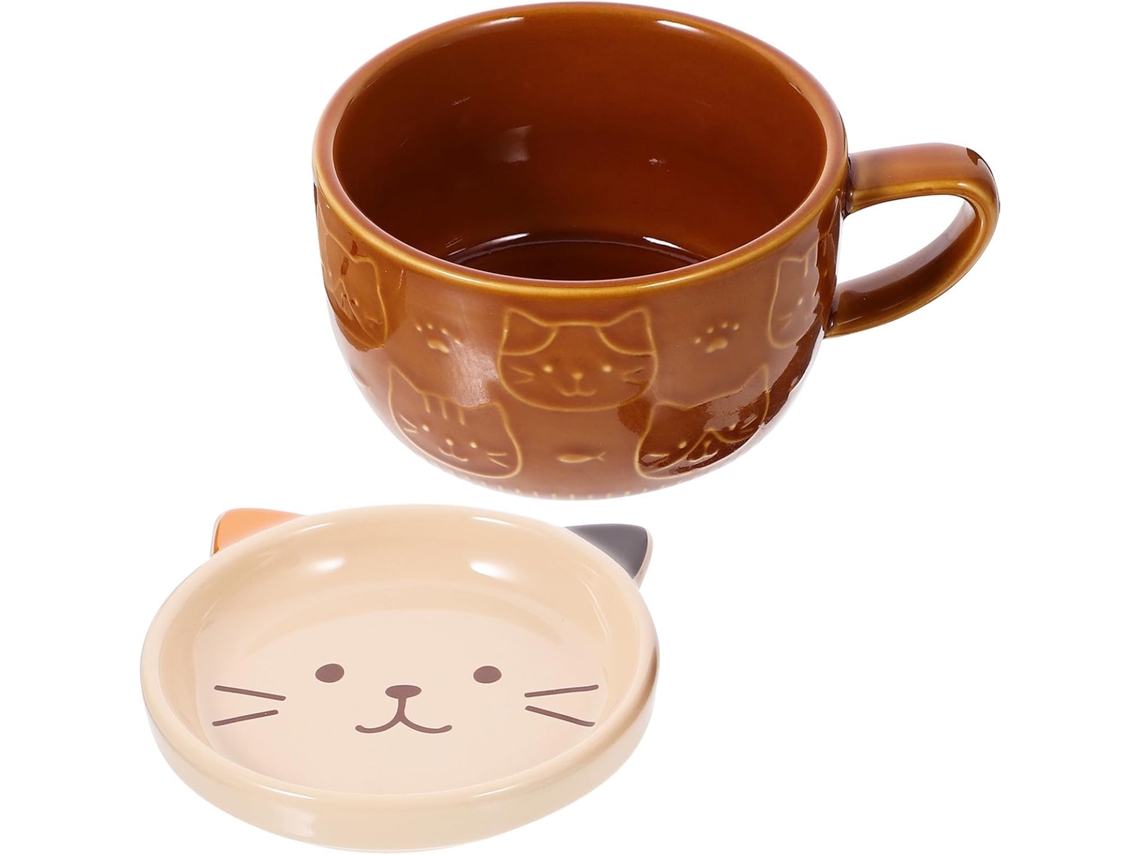Caneca De Cerâmica Com Desenho De Gato, Tampa E Base De Grande Capacidade.