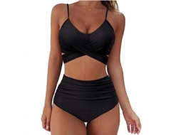 Traje De Banho De Duas Peças Leopardo De Cintura Alta Para Mulher Bvf L Negro