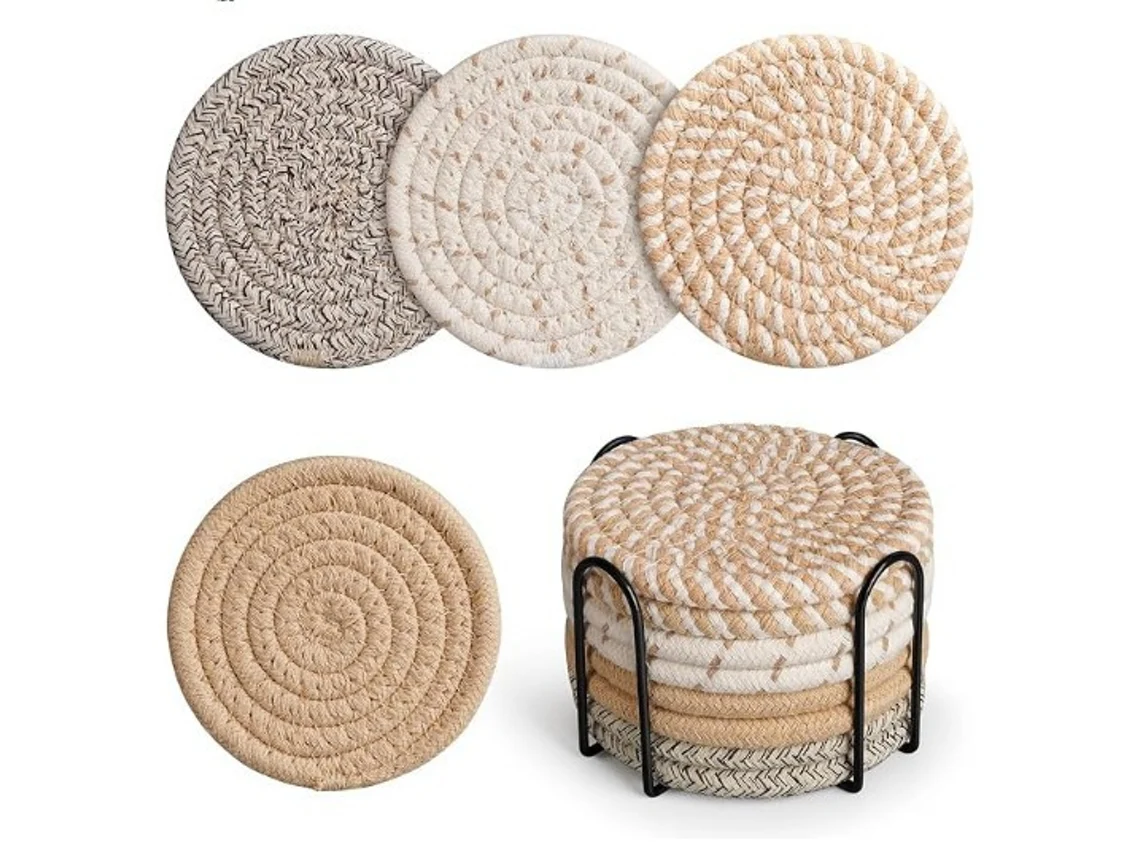 Conjunto 8 Pcs Sousplats Com Suporte Algodão Absorventes Caqui 11 Cm Dureforward