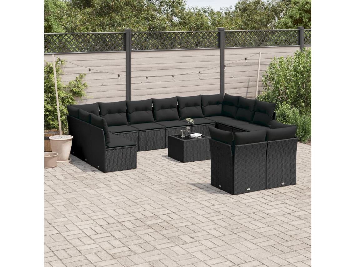 Vidaxl 13 Pcs Conjunto De Sofás De Jardim Com Almofadões Vime Pe Preto