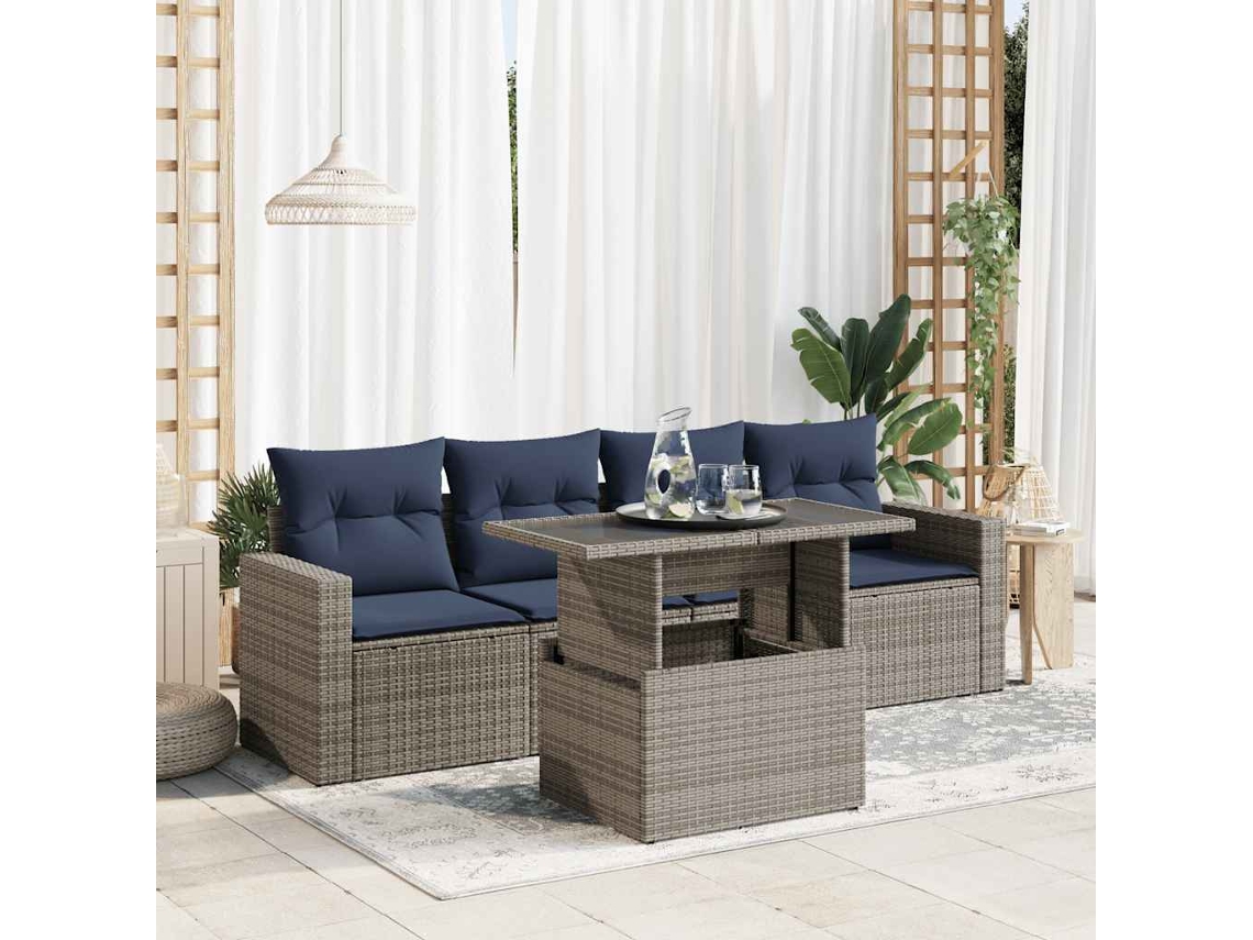 Vidaxl 5 Pcs Conjunto Sofás De Jardim C/ Almofadões Acácia E Vime Pe