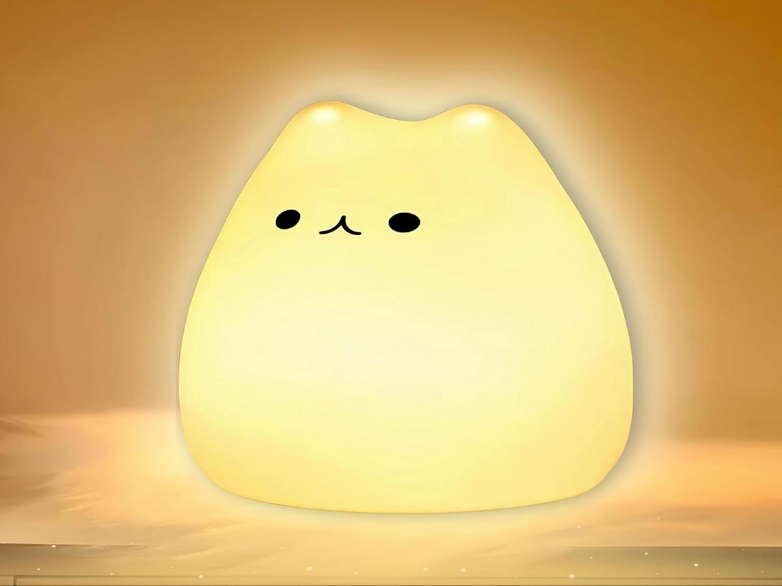 Luminária noturna Lurelia em formato de gato, feita de silicone resistente, com sensor de toque, iluminação RGB e portátil, ideal para bebês e crianças.