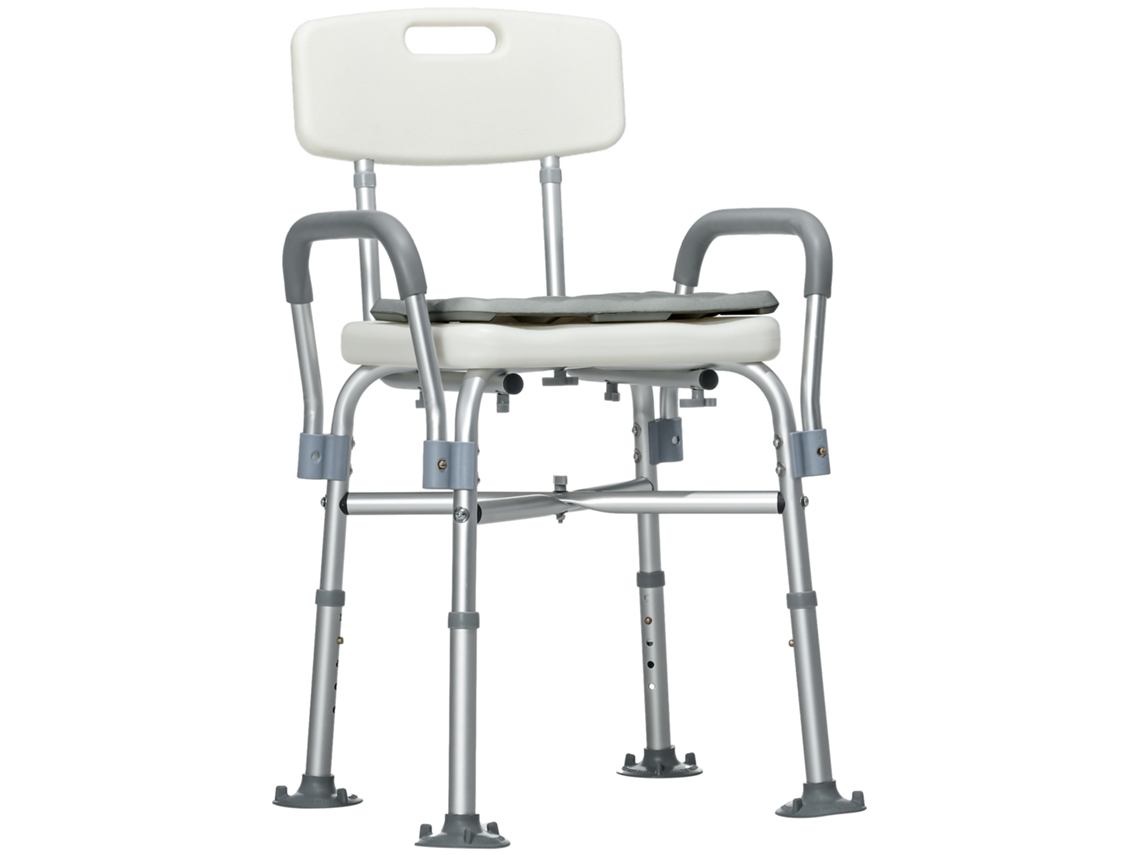 Cadeira De Duche Idosos Branca 53,5x52x80-90cm Com Encosto Apoios Braço Almofada Removível Ajustável