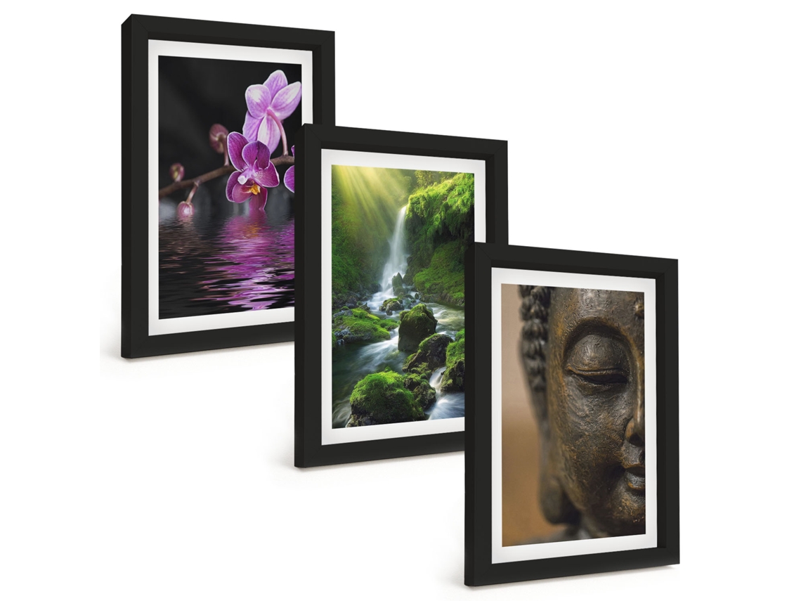 Composição De Quadros Flores, Cachoeira, Buda, Rochas, Zen Espelharte (3 Peças 20x30 Cm)