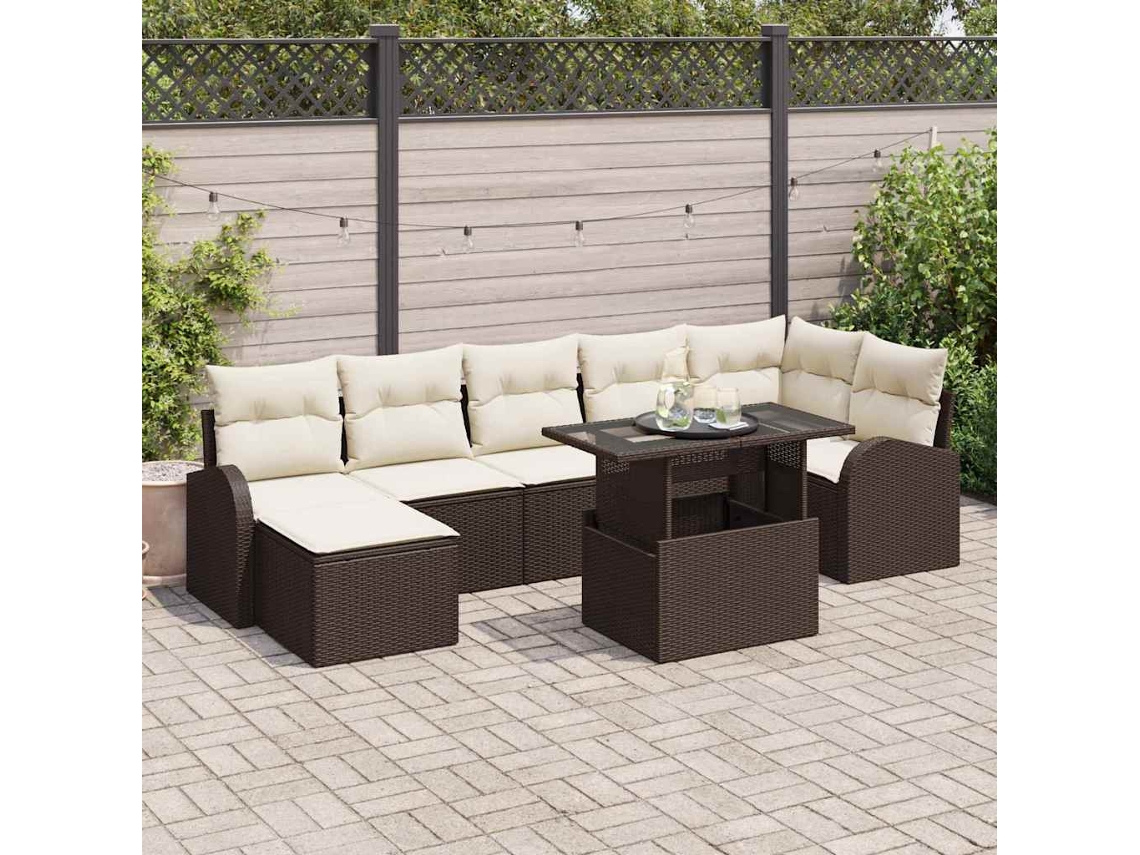 Vidaxl Conjunto De Sofá De Jardim Com Almofada 8 Pcs Castanho E Creme