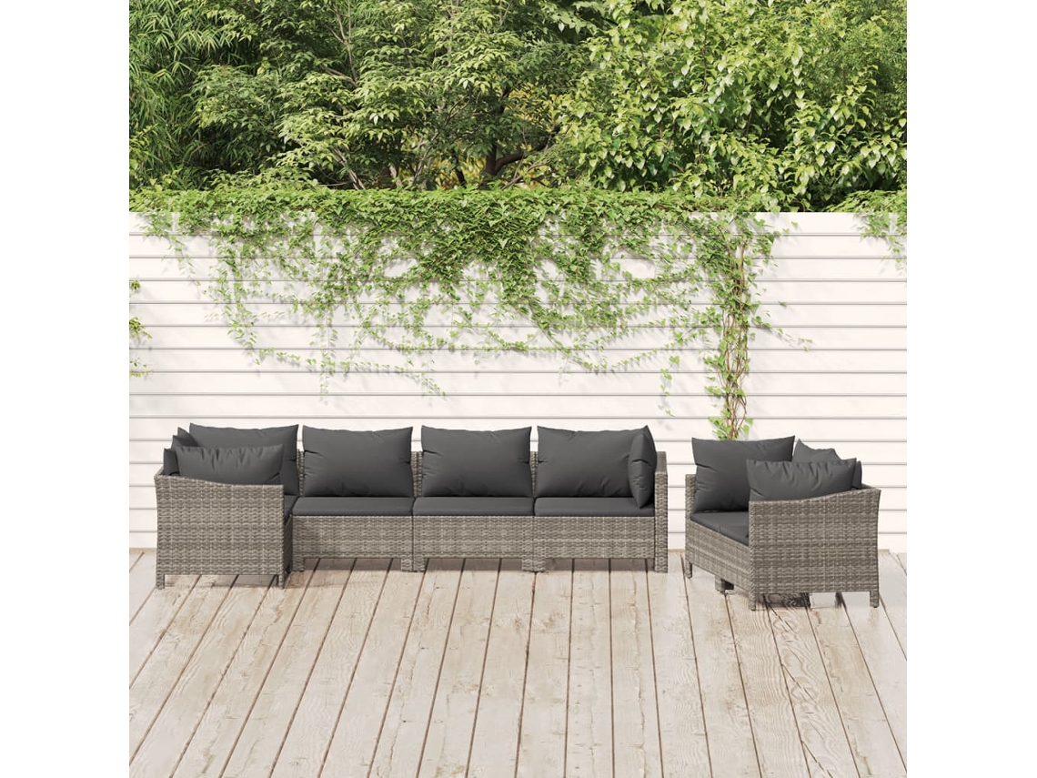 Vidaxl 7 Pcs Conjunto Lounge De Jardim C/ Almofadões Vime Pe Cinzento