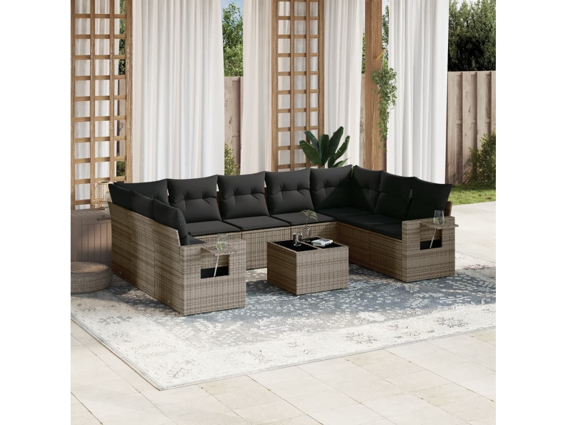 Vidaxl 10 Pcs Conjunto Sofás de Jardim C/ Almofadões Vime Pe Cinzento