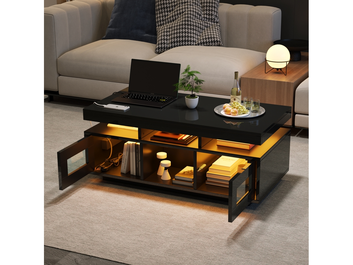Mesa de Centro com Luzes Led Controláveis por App, Armário, Porta de Carregamento e Tomada ZKAKA (100x50x43 cm)