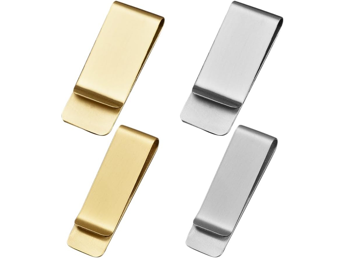 Conjunto Luxshiny com 4 clipes multifuncionais de metal para dinheiro, em aço inoxidável com superfície lisa para uso.