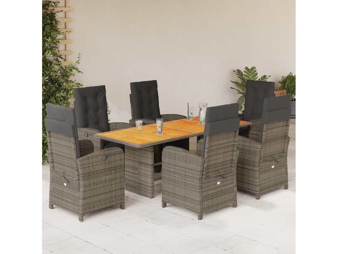 Conjunto 7 Peças Jantar P/ Jardim C/ Almofadões Vime Pe Cinza Dkd Home Decor