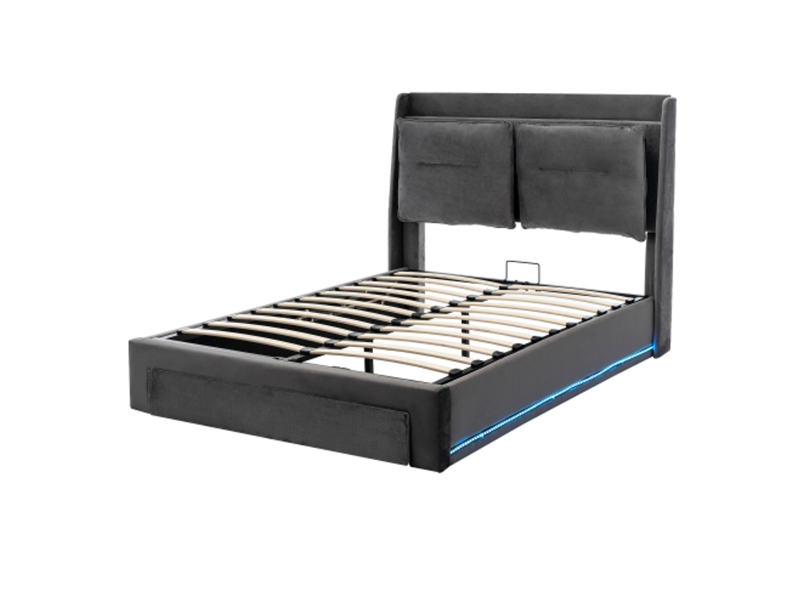 Cama De Casal Estofada 140x190 Cinza Led Hidráulico Gavetas 2em1 Fitas Luminosas Sem Colchão Ziwei Store
