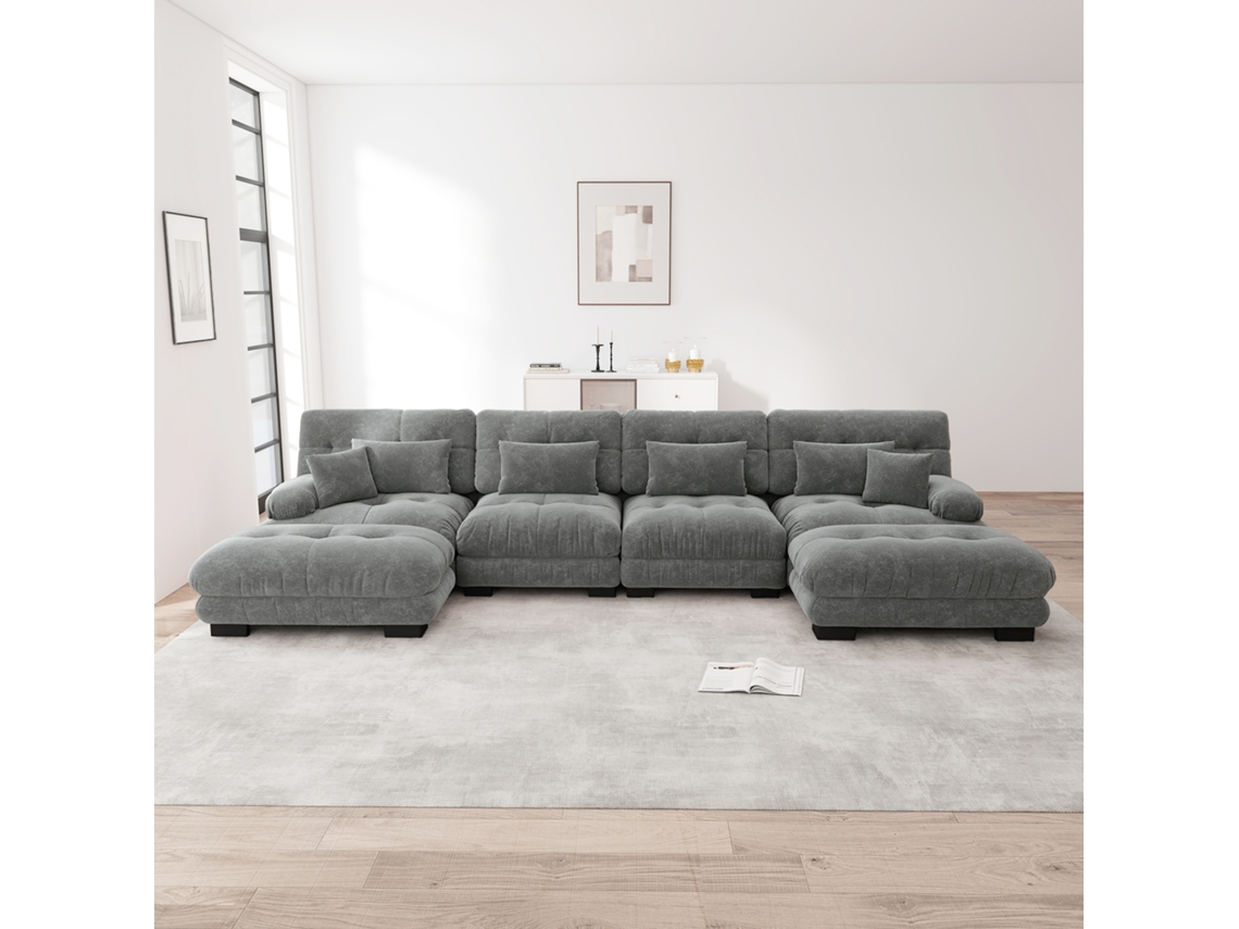 Sofá Modular U 4 Lugares - Sofás Cloud Confortáveis Com Otomano Móvel - Chenille Cinza