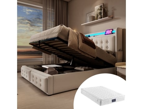 Cama Com Colchão Dupla E Cabeceira Estofada Led Usb-c Armazenamento Pangshiyaun Algodão Linho Bege (109x220x161cm)