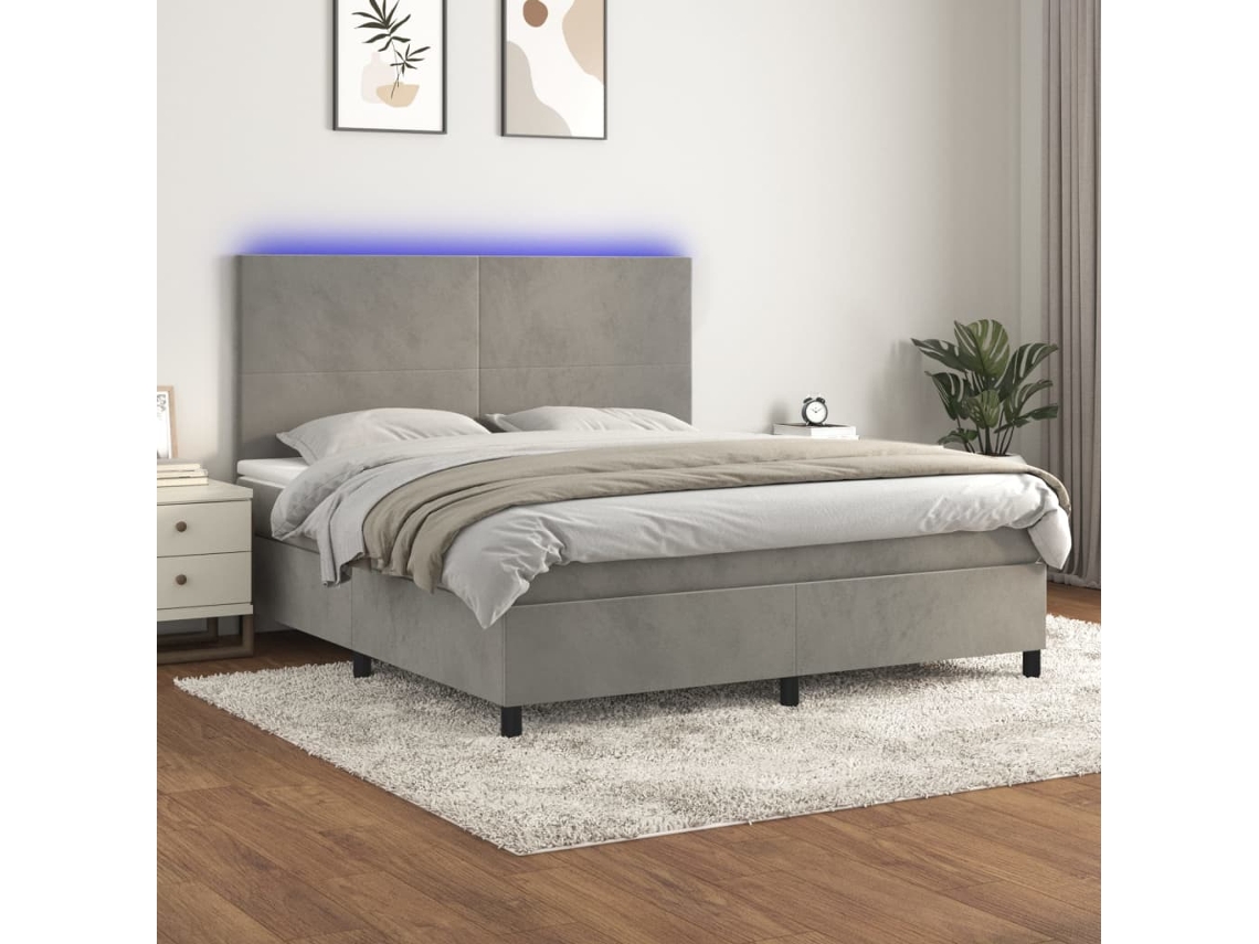 Vidaxl Cama Box Spring C/ Colchão/led 180x200 Cm Veludo Cinzento-claro