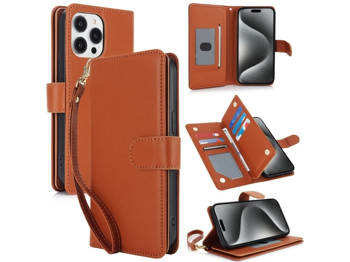 Capa Carteira De Couro Para Iphone 16 Pro Max - Com Rfid - Para Vários Cartões