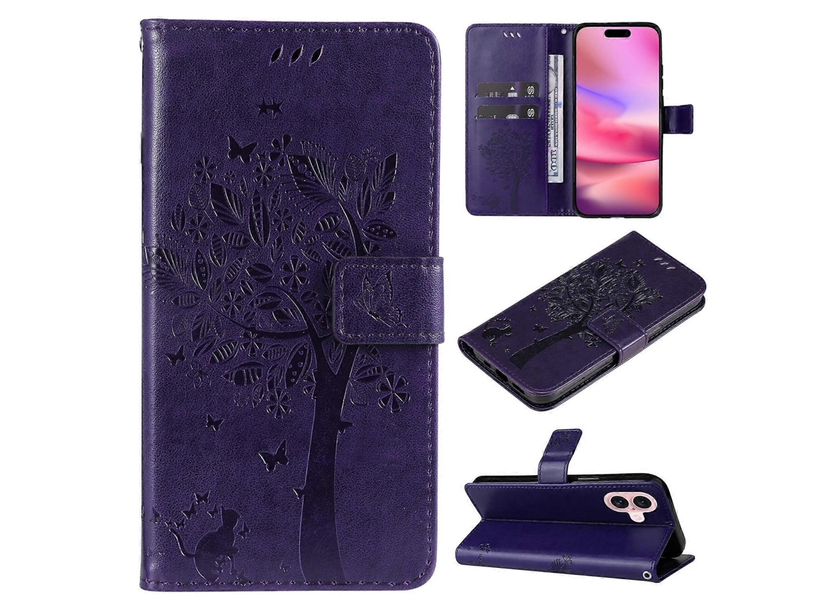 Capa De Celular De Couro Com Padrão De Árvore E Gato Em Relevo