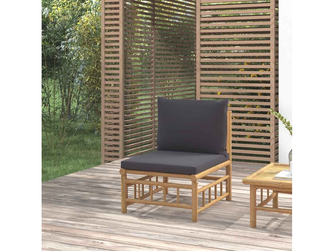 Vidaxl Sofá De Centro De Jardim Bambu Com Almofadões Cinzento-escuro