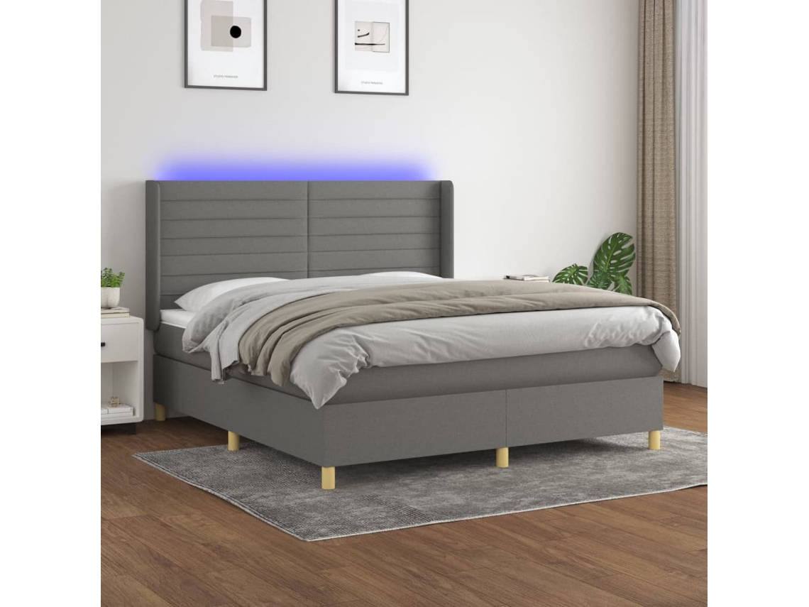 Vidaxl Cama Box Spring C/ Colchão E Led 180x200 Cm Tecido Cinza-escuro