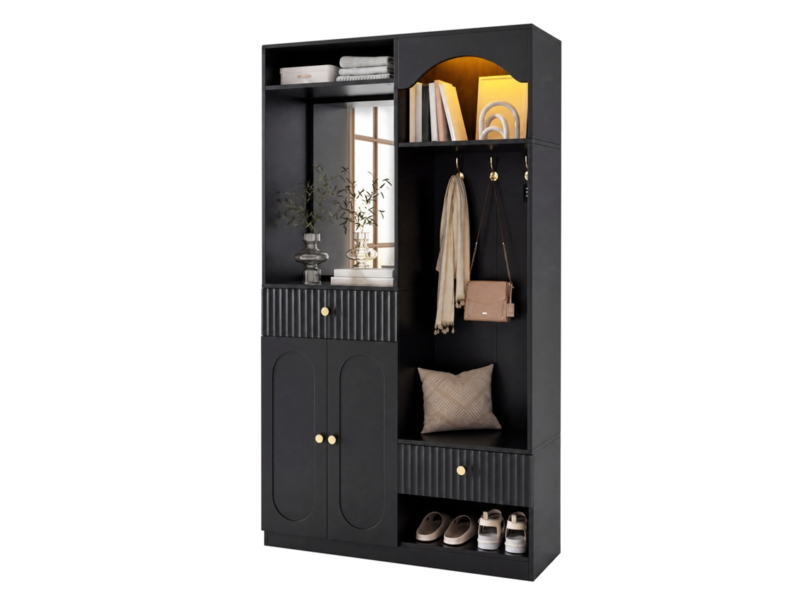 Guarda-roupa Compacto Com Espelho E Banco, Sapateira E Ganchos, Conjunto De Móveis Para Corredor, Com Luz Led Ajustável