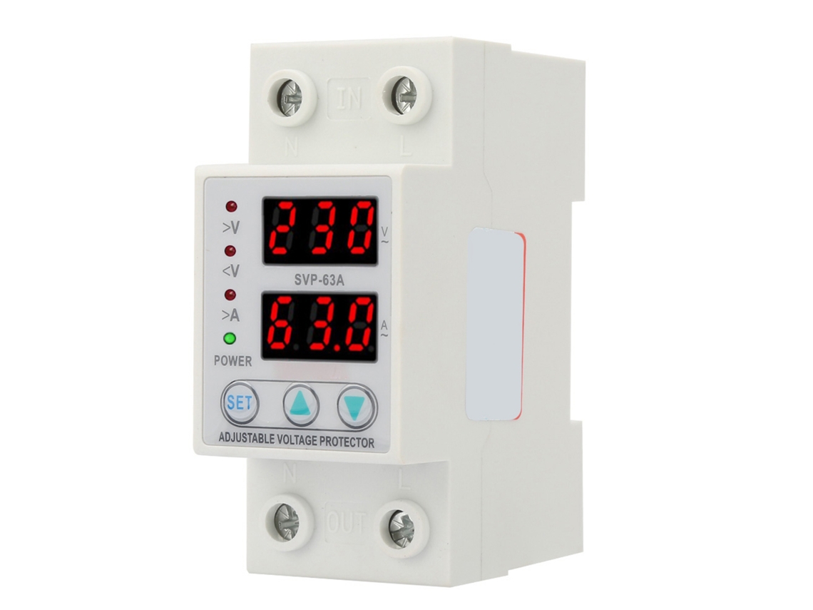Protector De Tensión Y Corriente Ajustable De Fase Simple Con Doble Pantalla Led Ac230v 63a Svp‑63a
