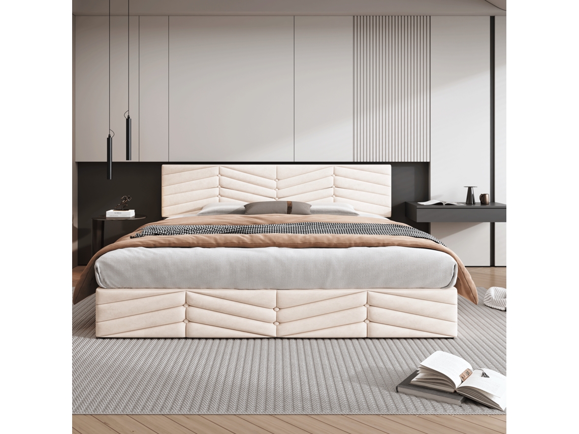 Cama casal 160x200cm com estofado, hidráulico com armazenamento, veludo listrado, cabeceira ajustável, 300kg, botões decorativos bege KOMHTOM