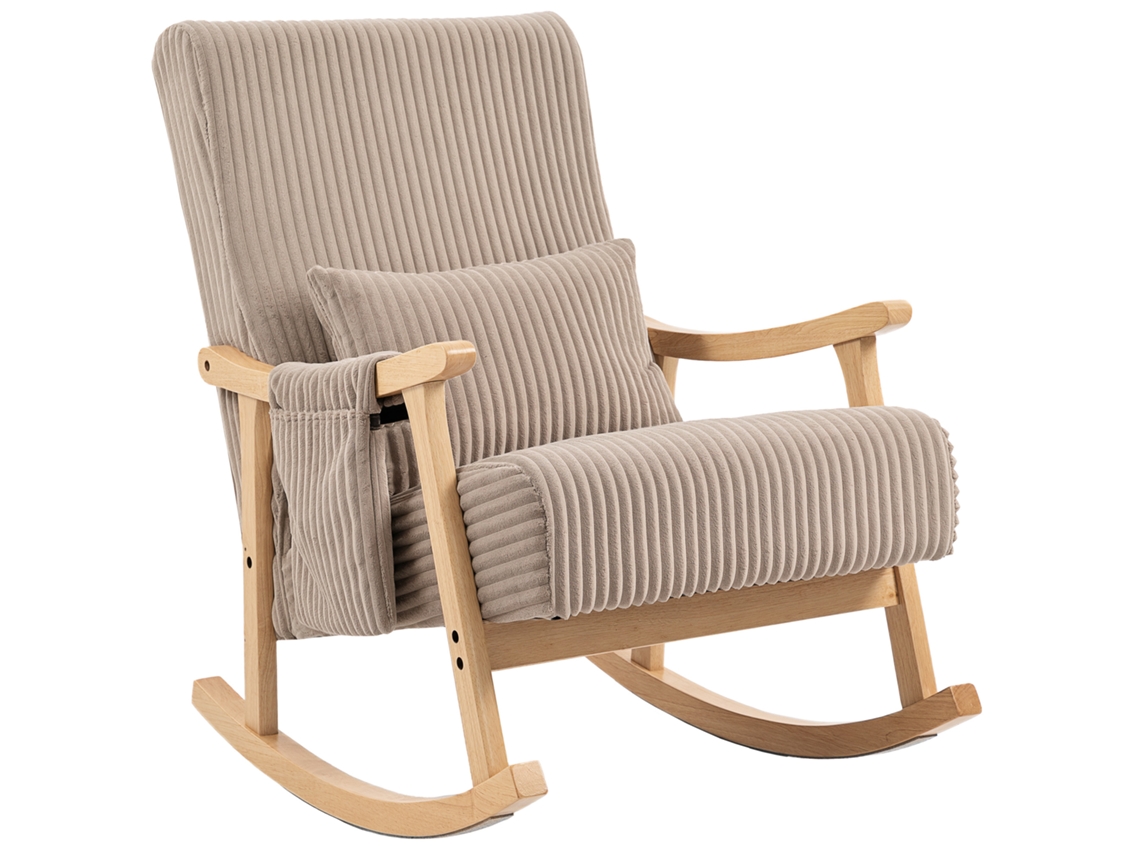 Poltrona Baloiço Moderna Em Veludo Cotelê Com Apoio Para Os Braços Almofada Lombar E Bolso Poltrona De Amamentação 65x90x98 Cm Castanho Claro