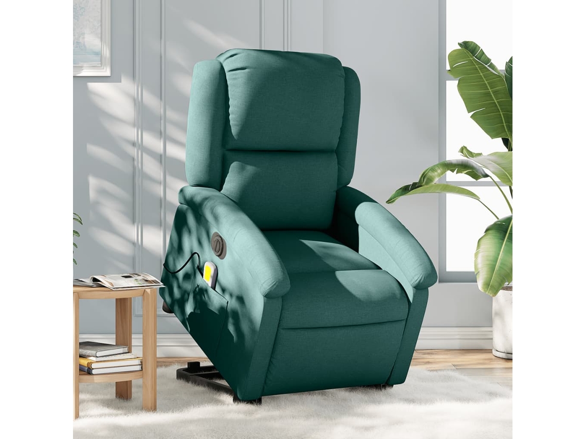 Vidaxl Poltrona Elétrica Elevatória Massagens Tecido Verde-escuro