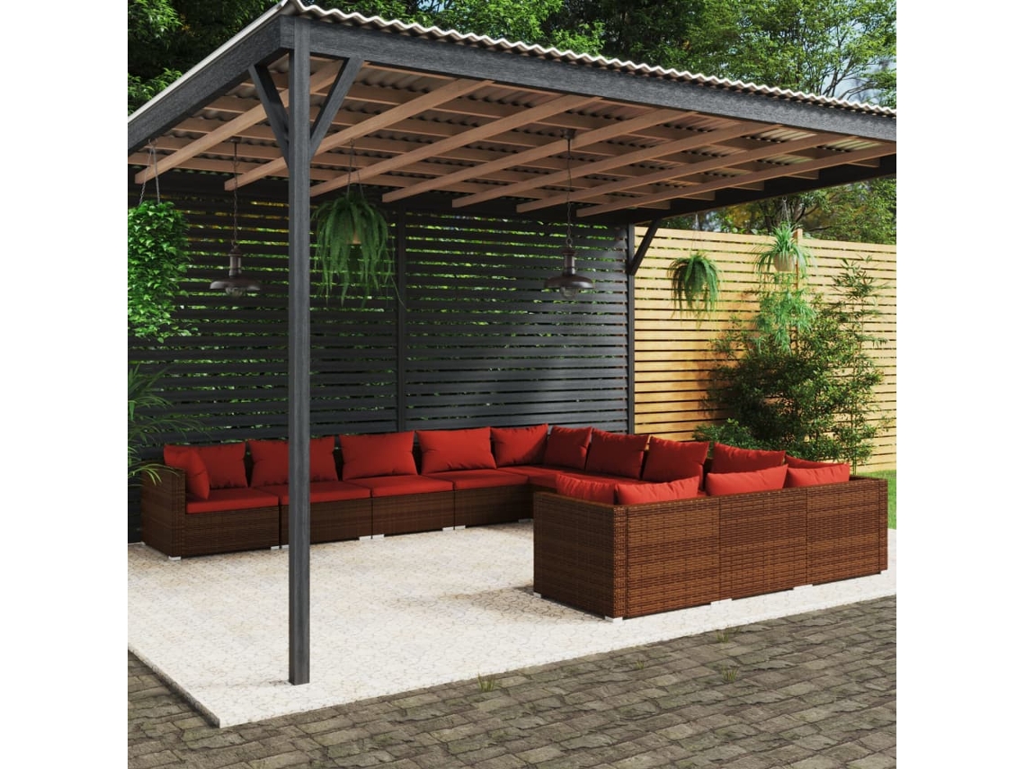 Vidaxl 11 Pcs Conjunto Lounge Jardim C/ Almofadões Vime Pe Castanho