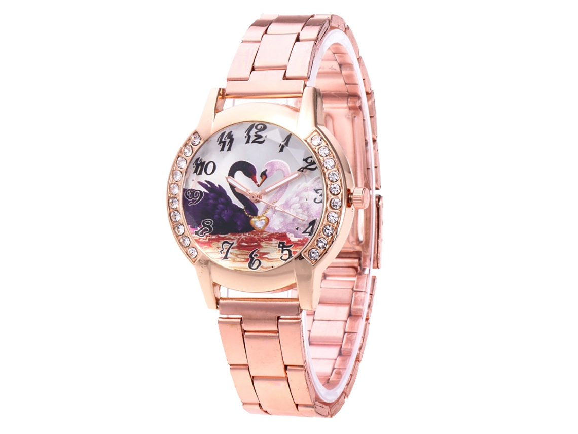 Relógio de quartzo unissex com pulseira de aço, estampa de cisne com strass, cor ouro rosa.