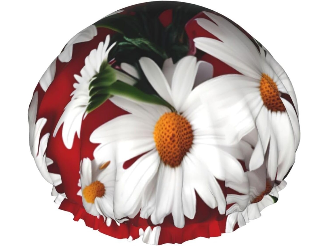Touca De Banho Tamanho Único Para Homens E Mulheres – Camada Dupla Com Estampa Floral Vermelha Margaridas Brancas, Ideal