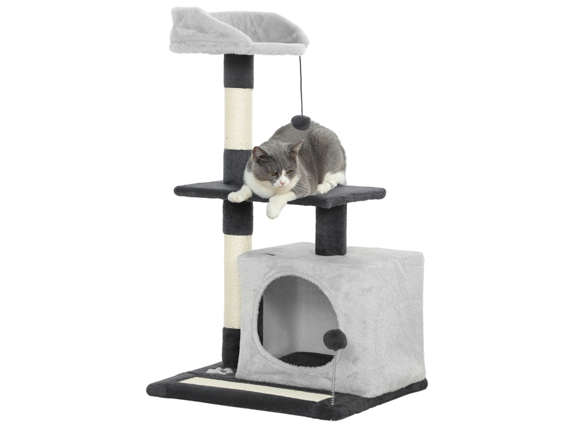 Arranhador para Gatos com Plataformas Caverna Postes Arranhadores Tapete de Sisal e Bolas 48x40x85 Cm Cinzento Claro e Preto Ge