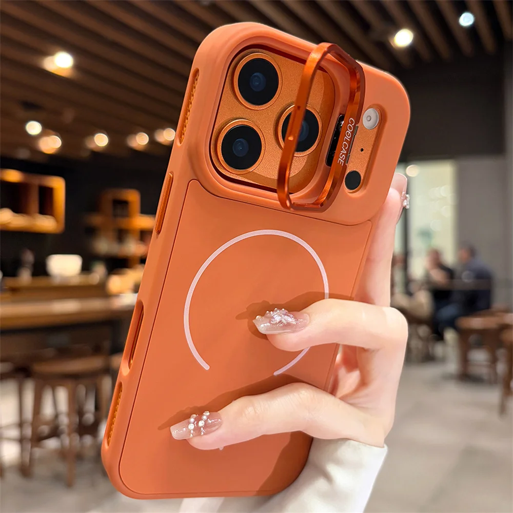 Capa Fosca Para Iphone 16 Pro (laranja) Com Suporte Para Lente Flip