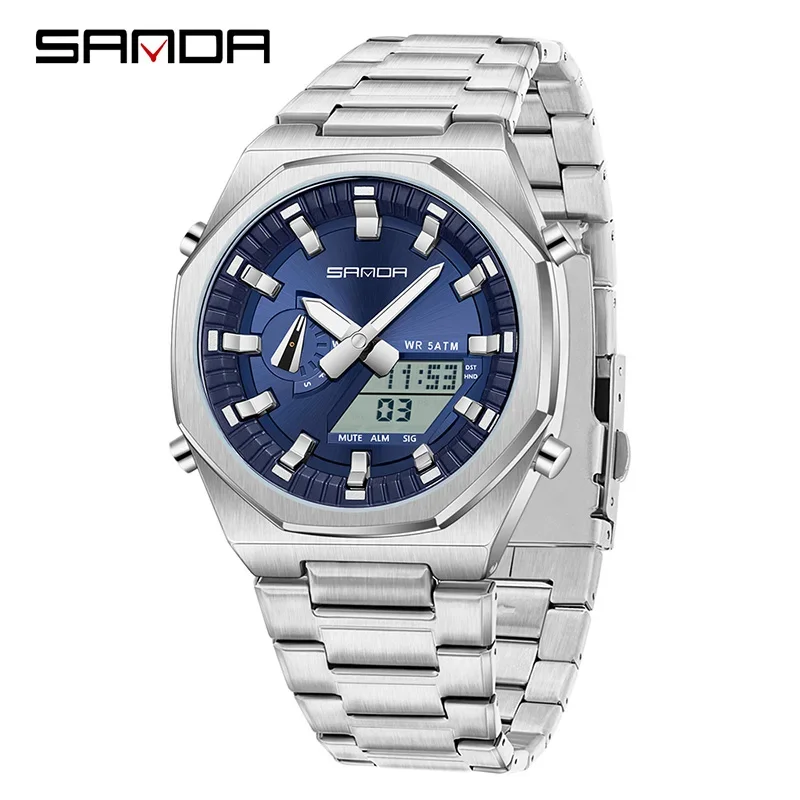 Relógio Digital Masculino Elegante , Despertador, À Prova D'água, Cronômetro, Aço Inoxidável, Visor Duplo. MDUG (prateado, Mostrador Azul)