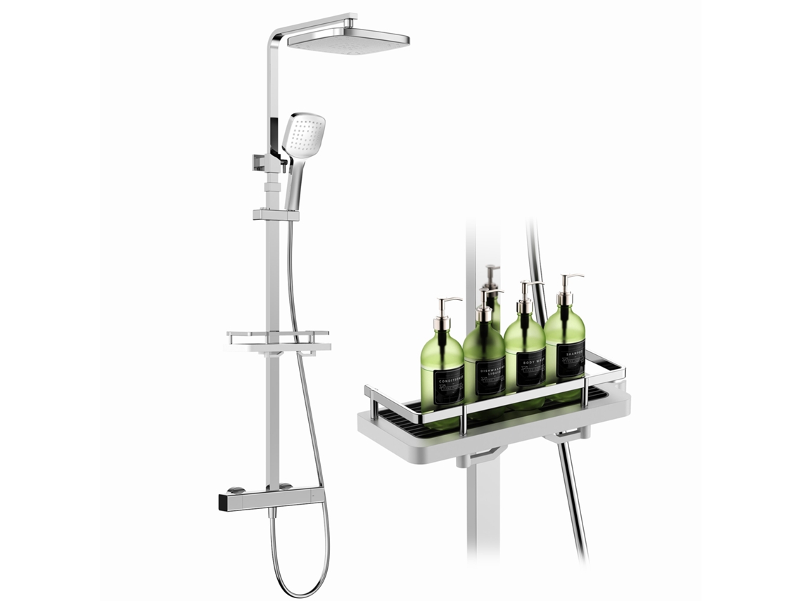 Coluna de duche termostática HOMELODY cromada, com prateleira integrada e altura ajustável de 830 a 1110 mm